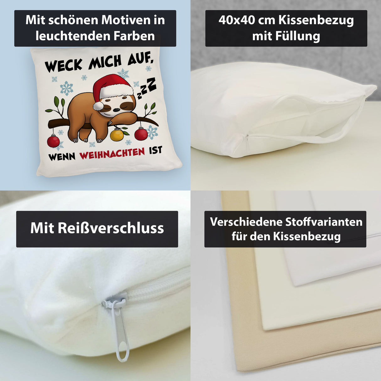 Faultier mit Zipfelmütze Kissen mit Spruch Wecken wenn Weihnachten ist