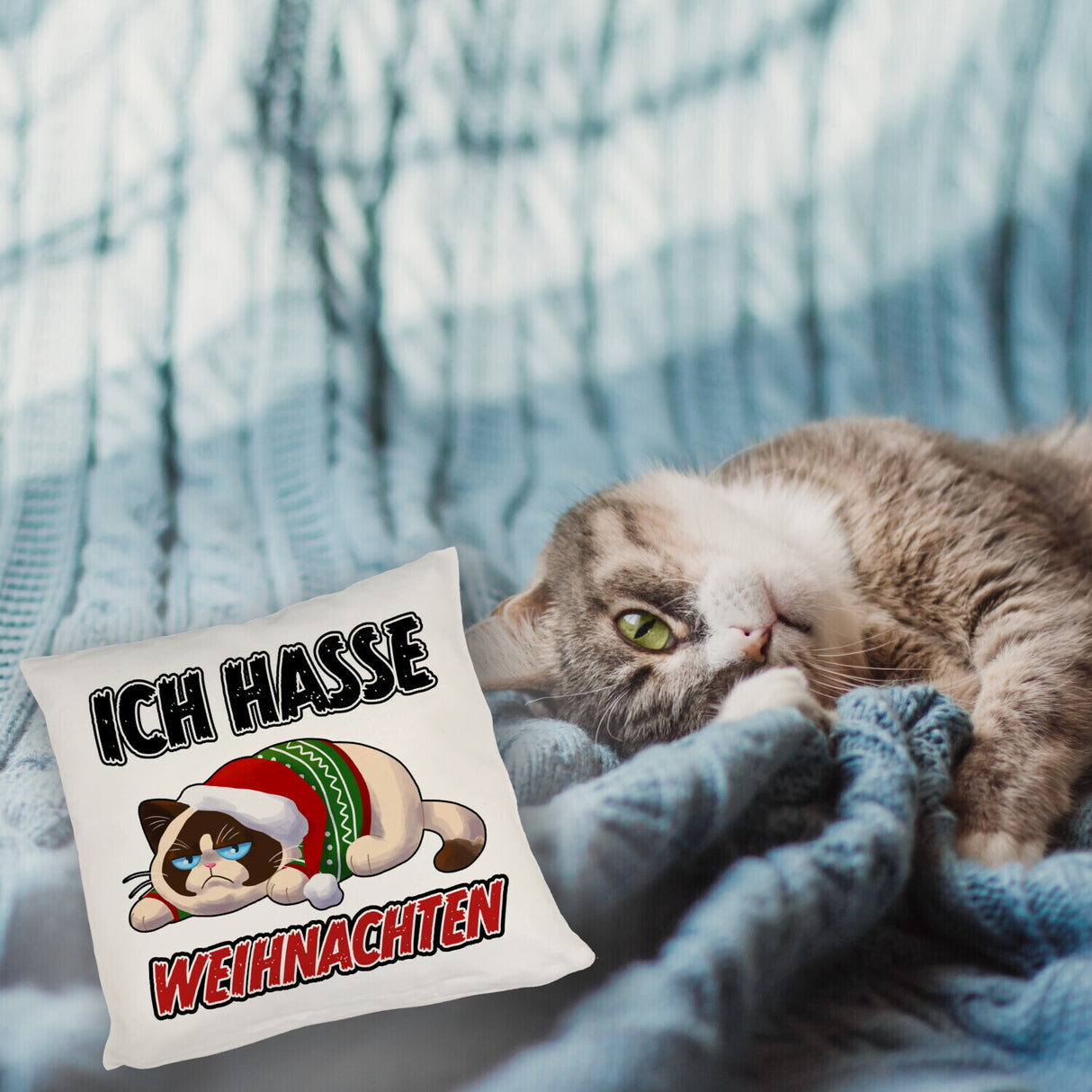 Grimmige Katze Kissen mit Spruch Ich hasse Weihnachten