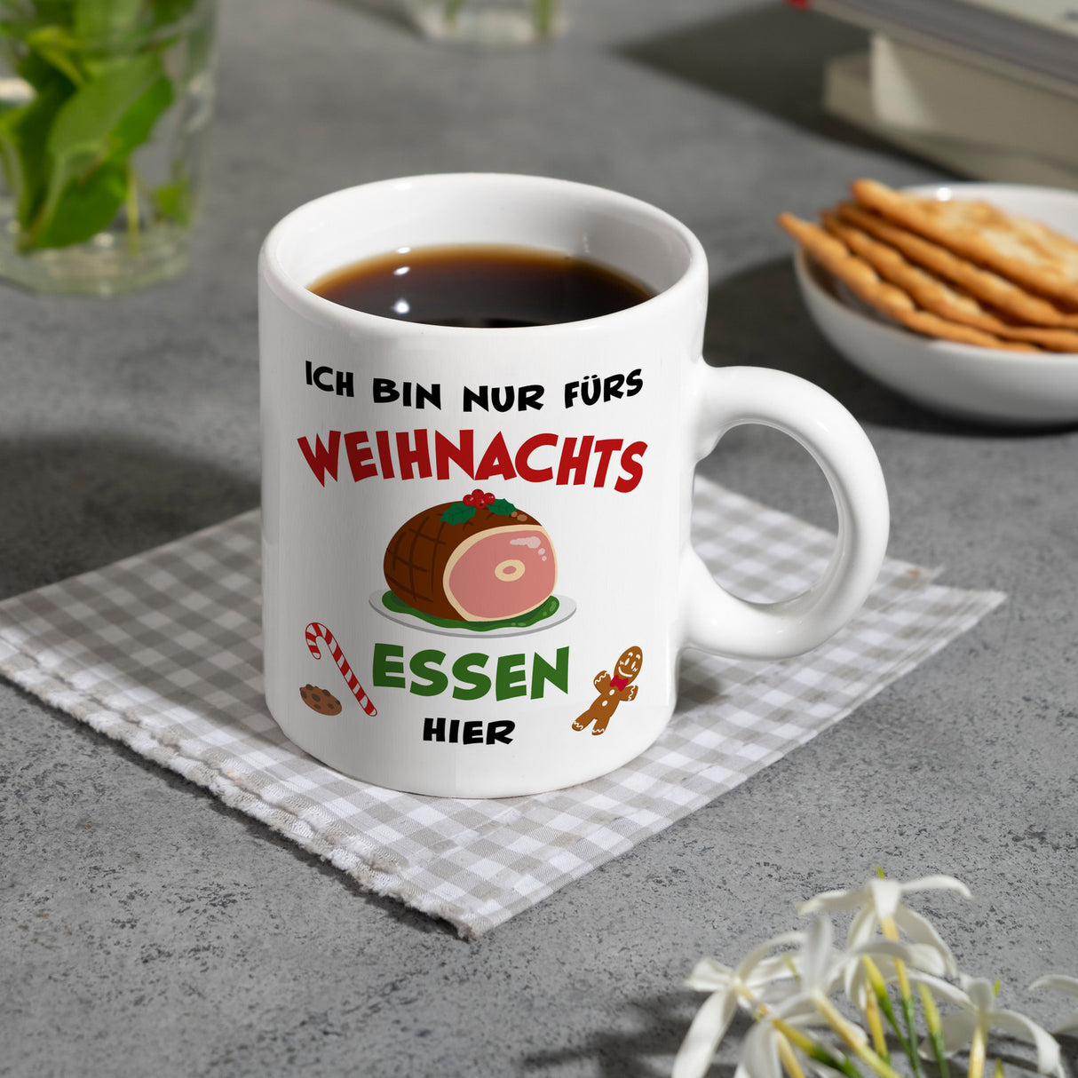Weihnachtsessen Kaffeebecher mit Spruch Ich bin nur fürs Essen hier