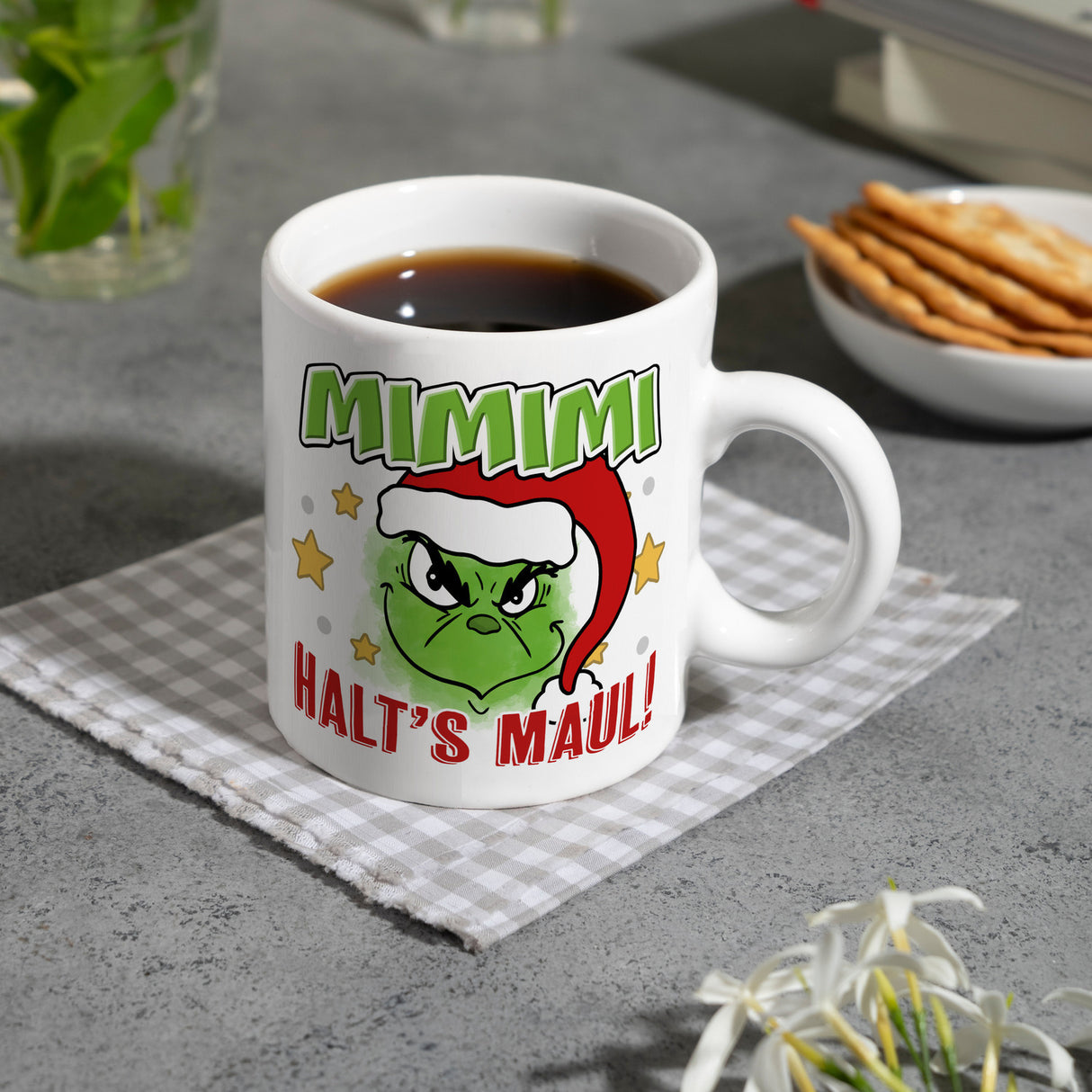 Mimimi Weihnachtsmuffel Kaffeebecher mit Spruch Halt's Maul