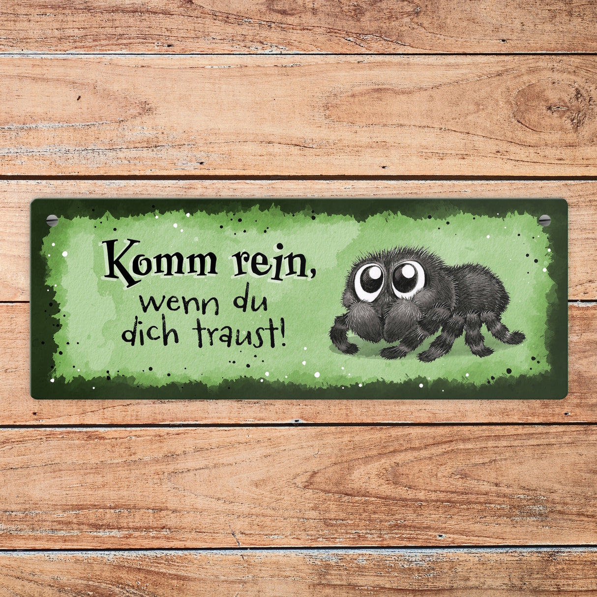Komm rein wenn du dich traust Metallschild mit flauschiger Spinne