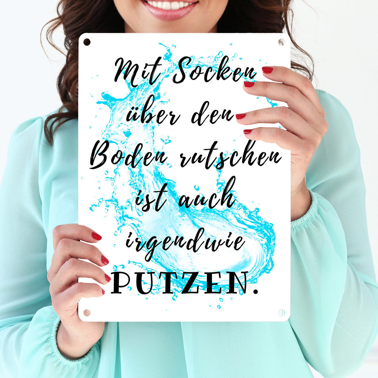 Haushalt Metallschild in 15x20 cm mit Spruch Mit Socken den Boden putzen