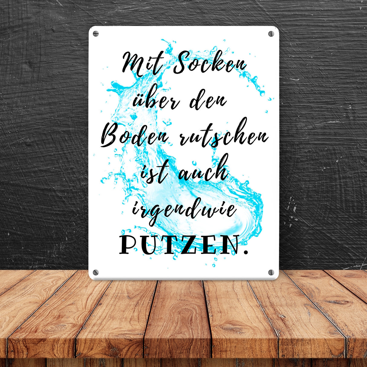 Haushalt Metallschild in 15x20 cm mit Spruch Mit Socken den Boden putzen