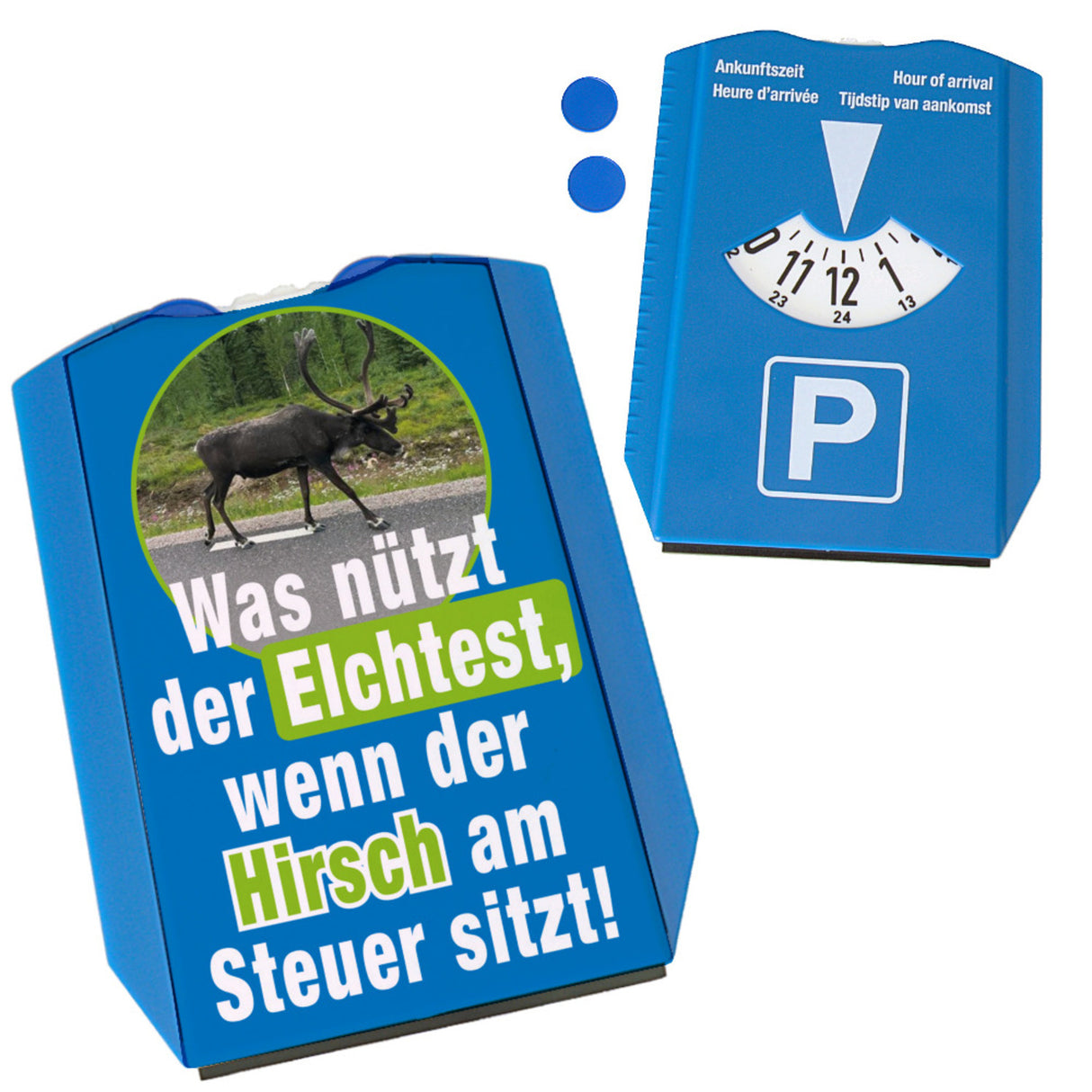 Elchtest und Hirsch am Steuer Parkscheibe mit Spruch und 2 Einkaufswagenchips
