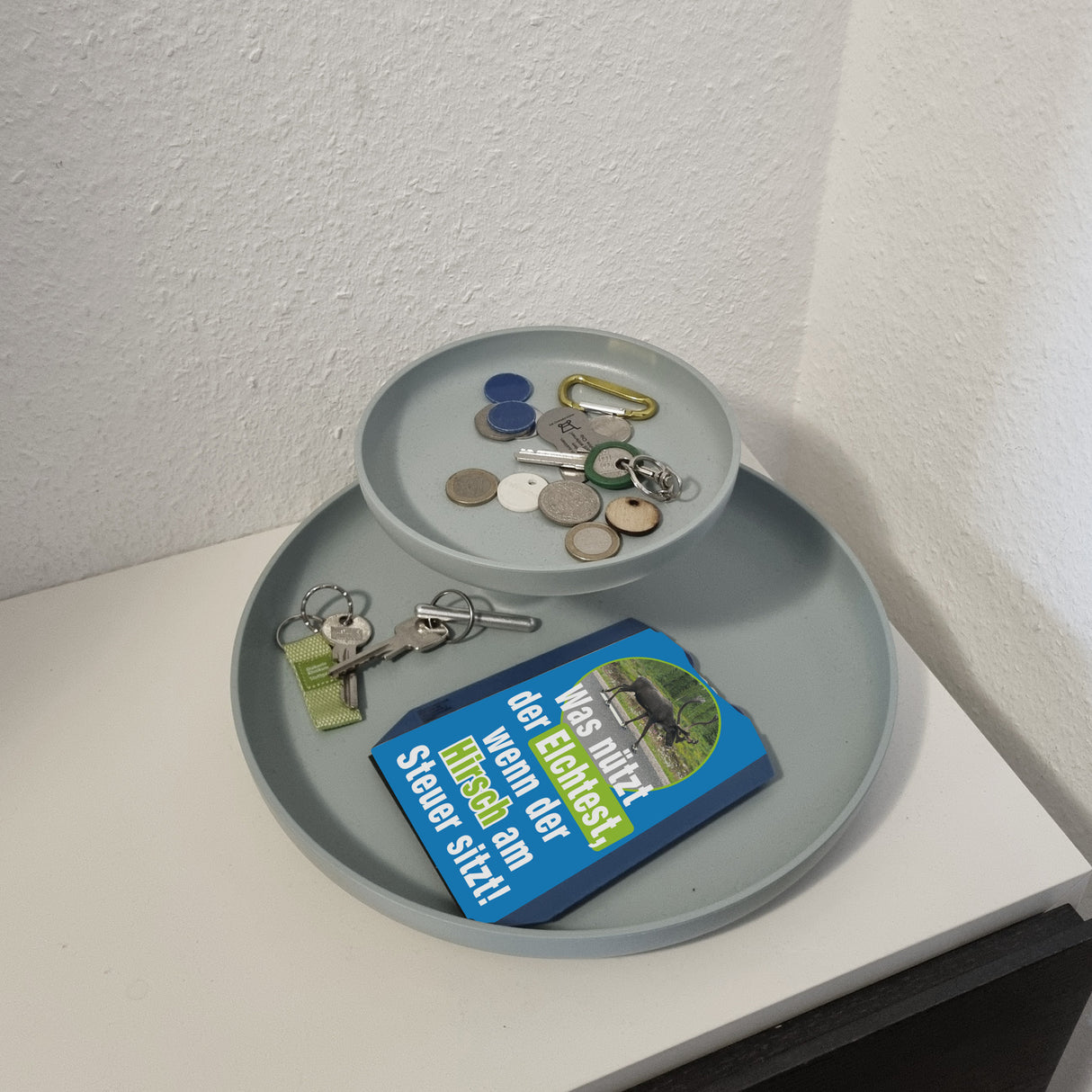 Elchtest und Hirsch am Steuer Parkscheibe mit Spruch und 2 Einkaufswagenchips