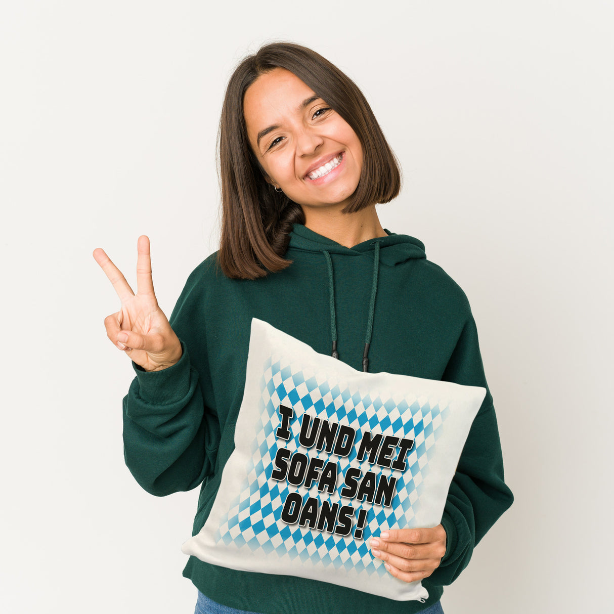 I und mei Sofa san oans! Kissen mit bayrischer Flagge