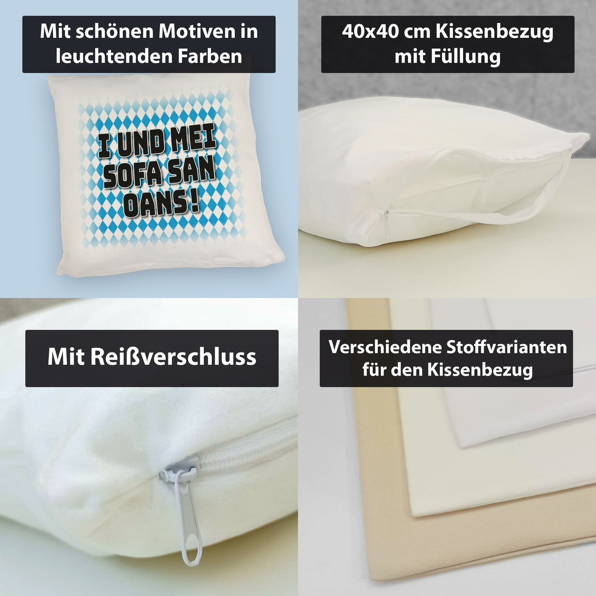 I und mei Sofa san oans! Kissen mit bayrischer Flagge