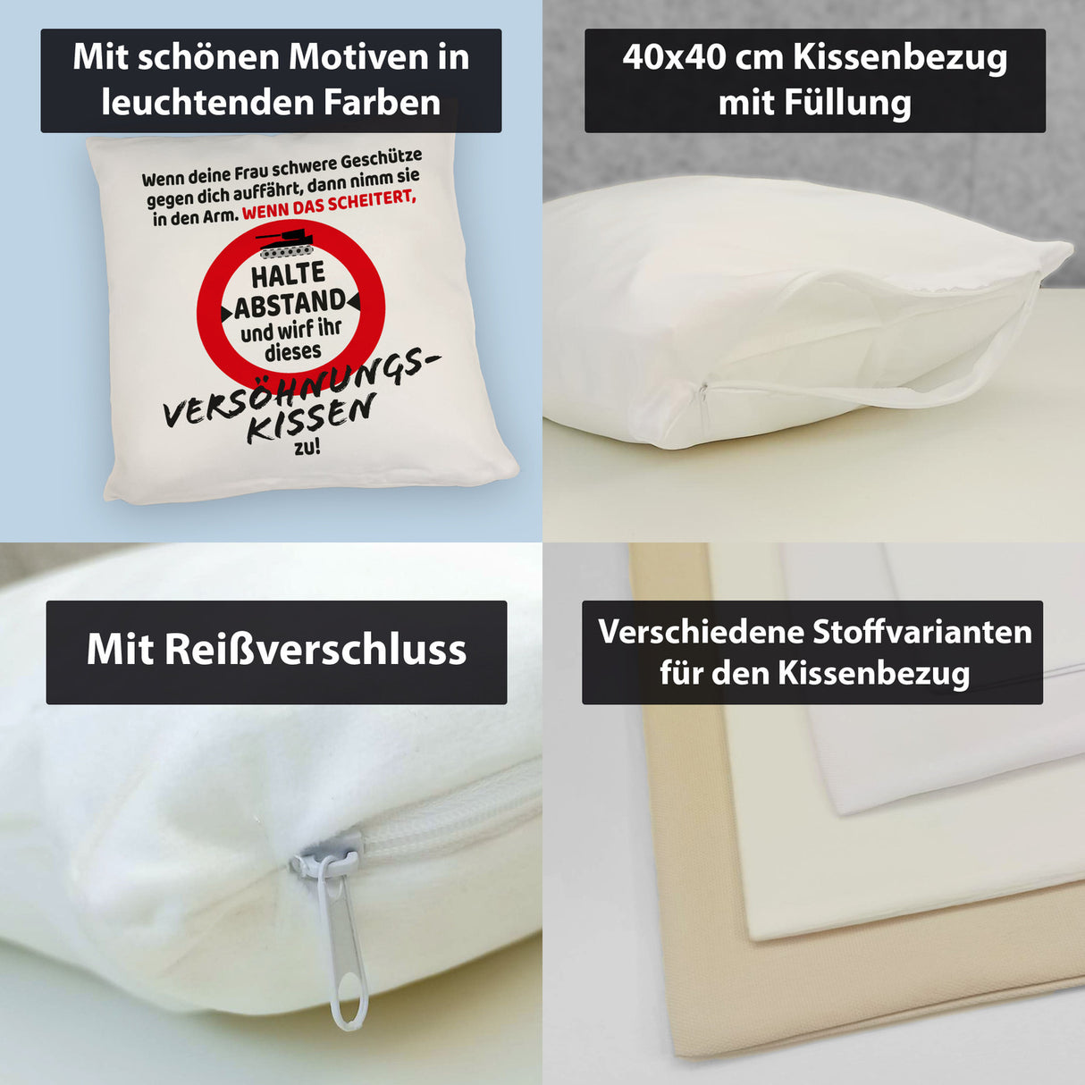 Ehe Kissen mit Warnsymbol und Spruch zum Thema Versöhnung für den Mann