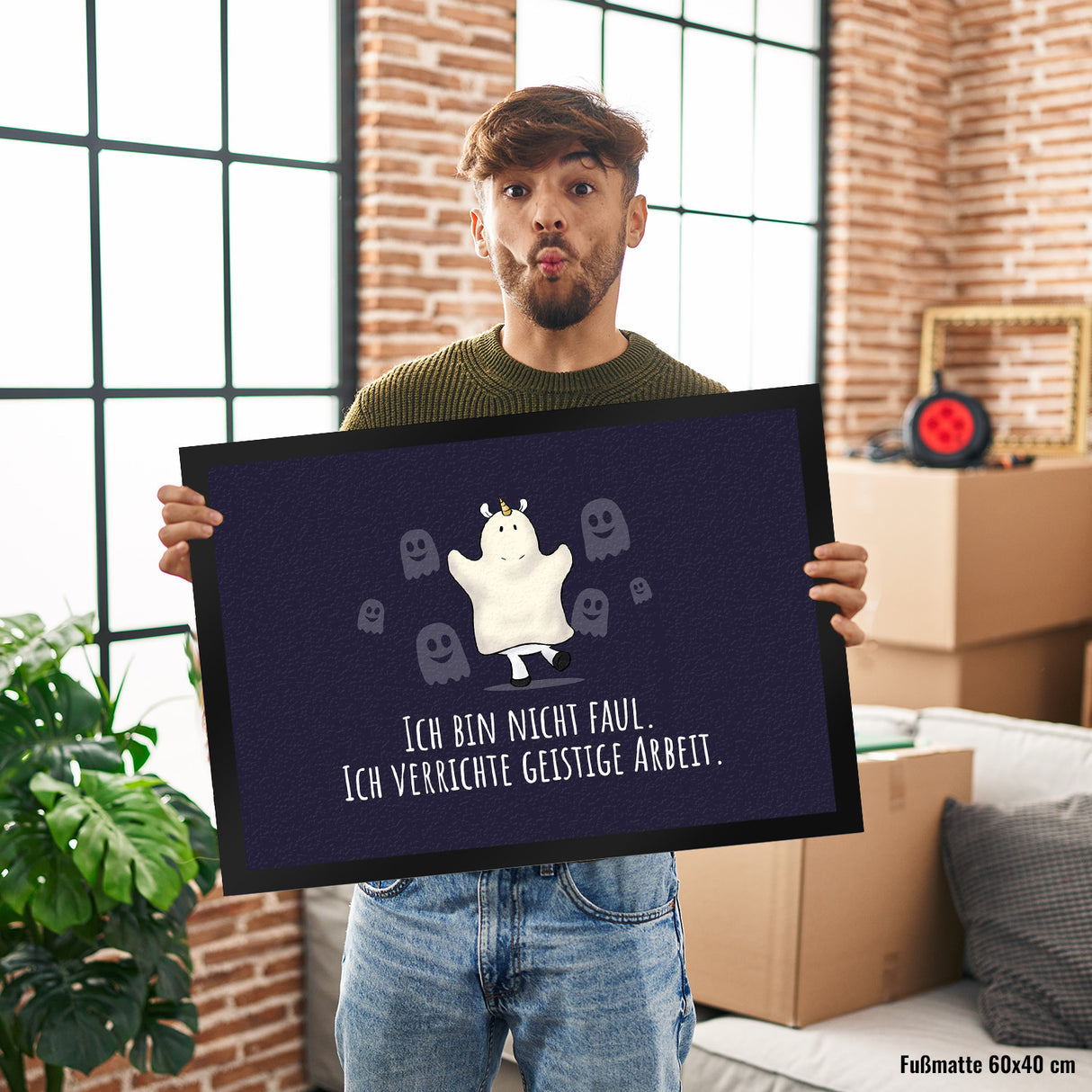 Einhorn-Geist Fußmatte in 35x50 cm mit Spruch Nicht faul mache geistige Arbeit