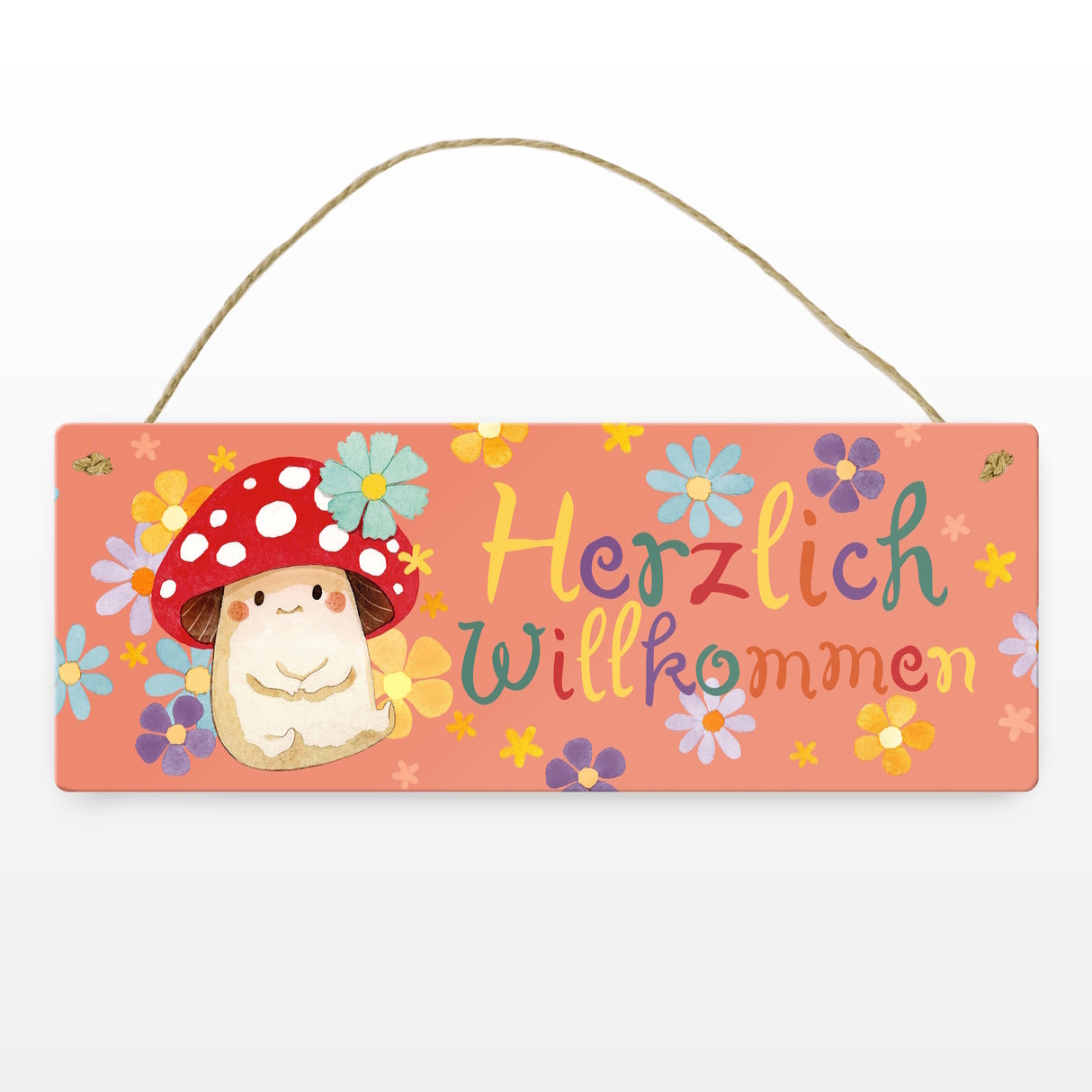 Herzlich Willkommen Metallschild mit Fliegenpilz und Blumenhintergrund