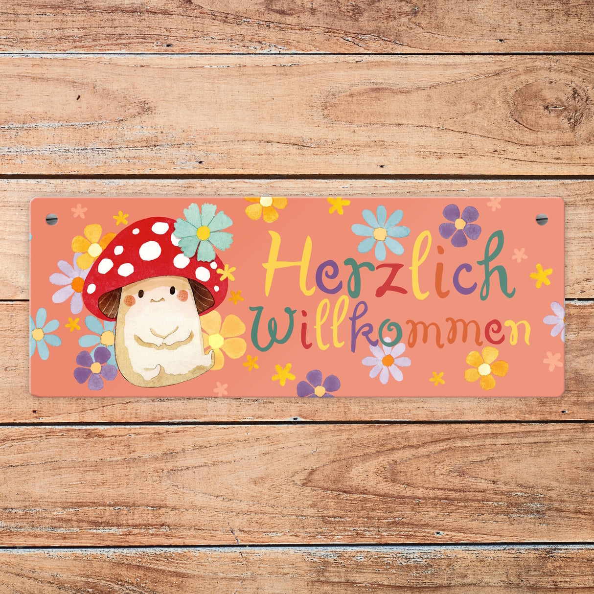 Herzlich Willkommen Metallschild mit Fliegenpilz und Blumenhintergrund