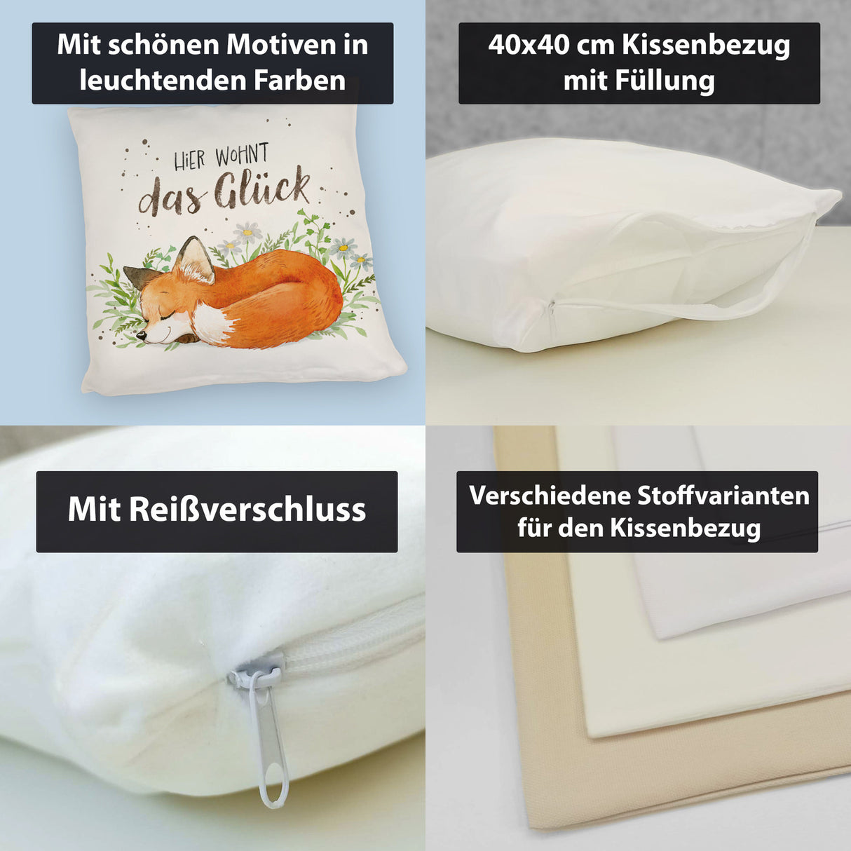 Hier wohnt das Glück Kissen mit Fuchs im Aquarell-Stil