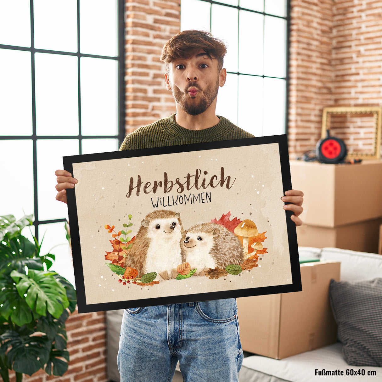 Igel Paar Fußmatte in 35x50 cm mit Spruch Herbstlich Willkommen