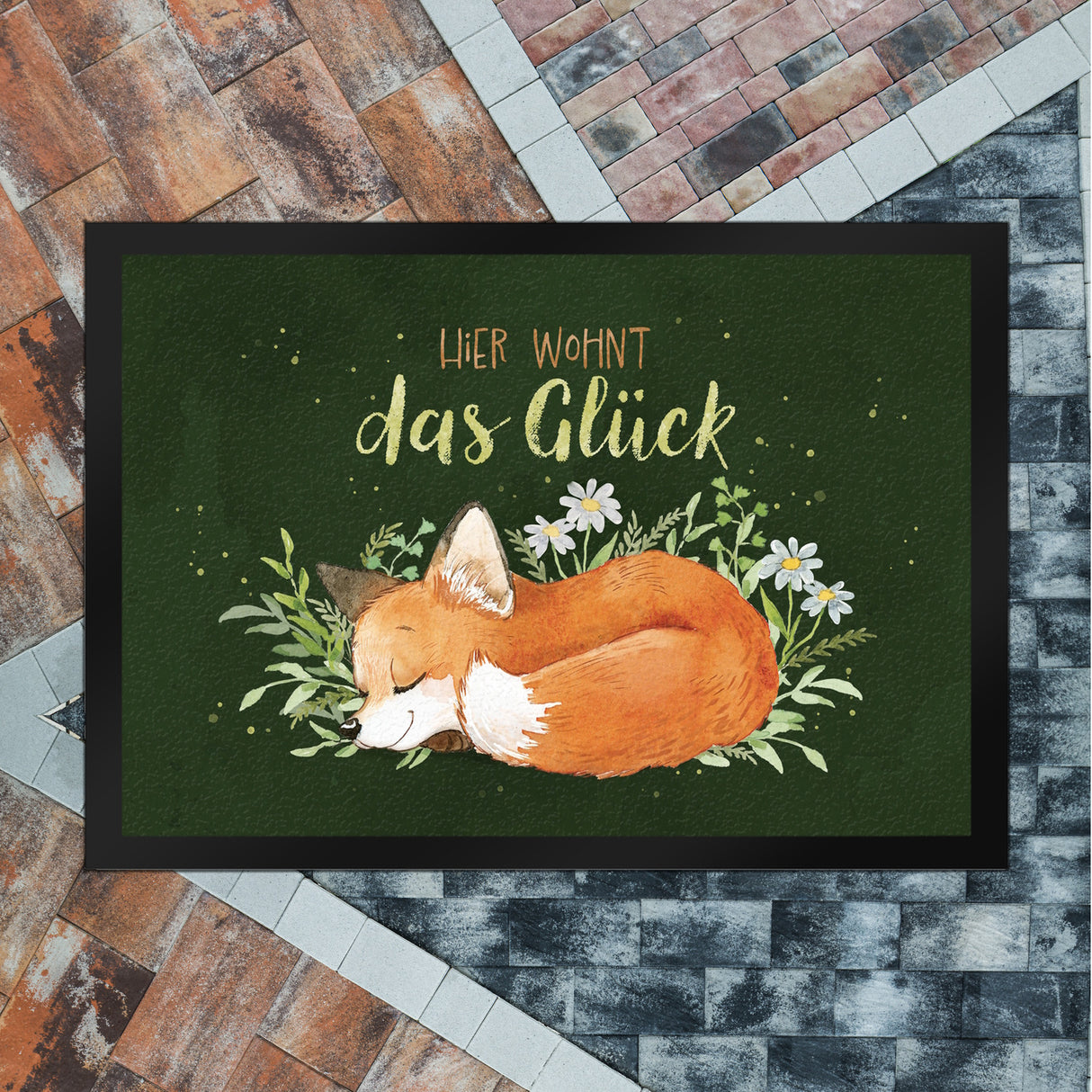 Hier wohnt das Glück Fußmatte in 35x50 cm mit Fuchs im Aquarell-Stil