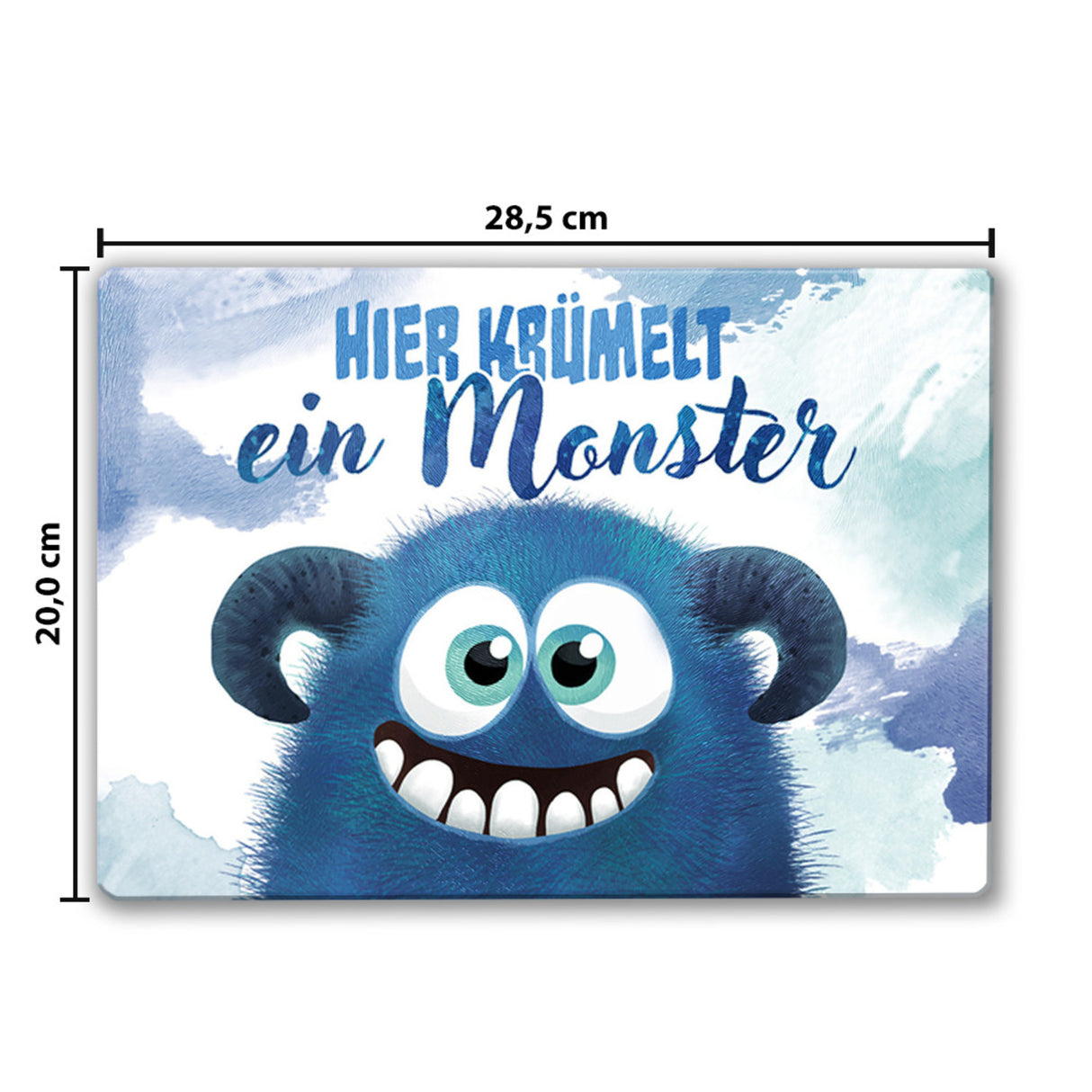 Süßes Monster in blau Schneidebrett aus Glas mit Spruch Hier krümelt ein Monster