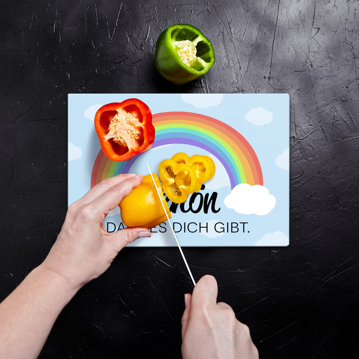 Schön dass es dich gibt Schneidebrett aus Glas mit Regenbogen