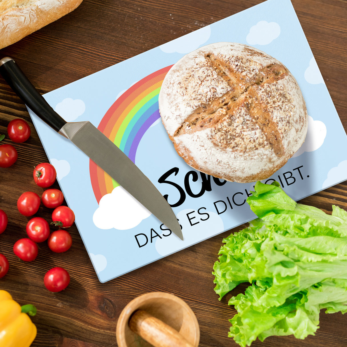 Schön dass es dich gibt Schneidebrett aus Glas mit Regenbogen