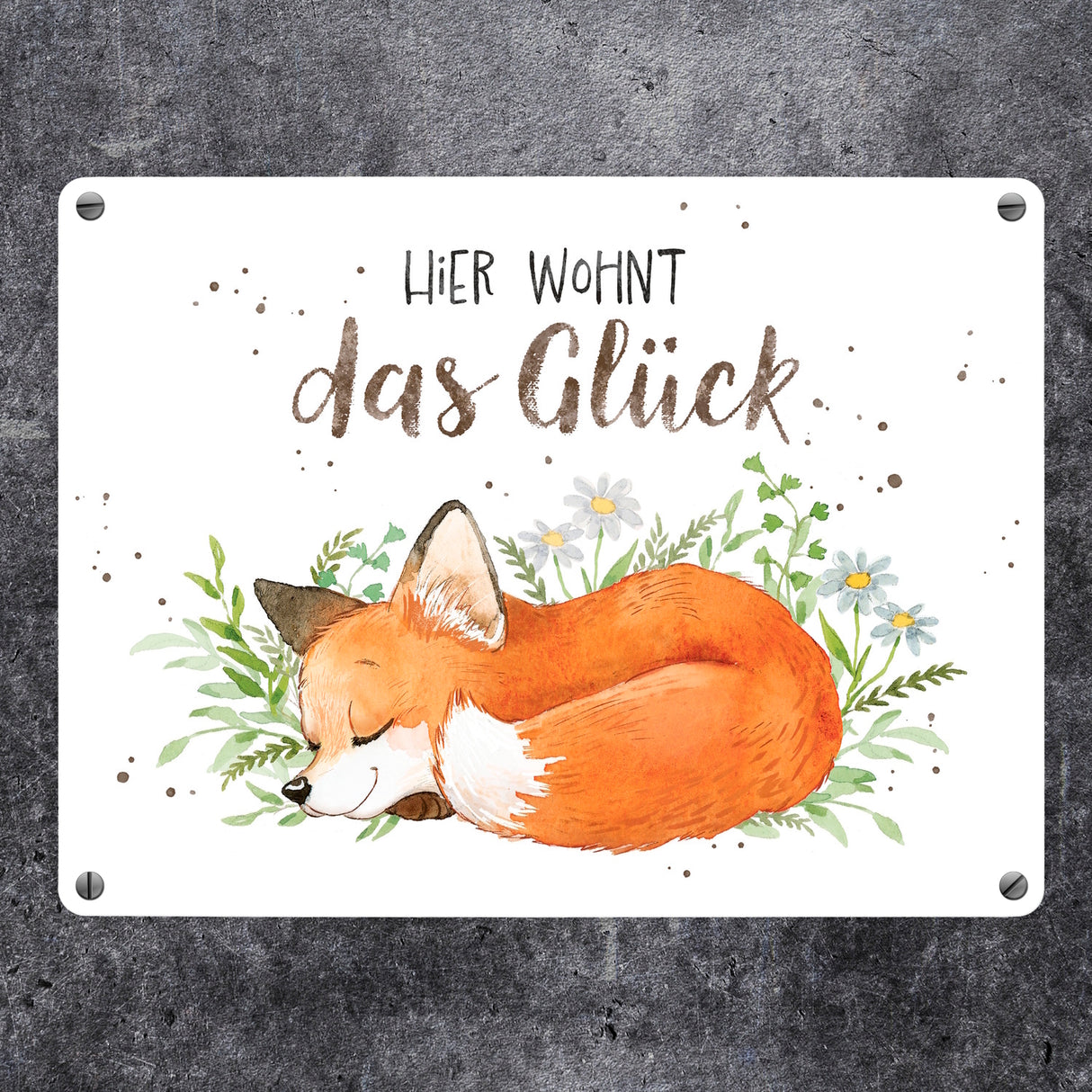Fuchs Metallschild in 15x20 cm mit Spruch Hier wohnt das Glück