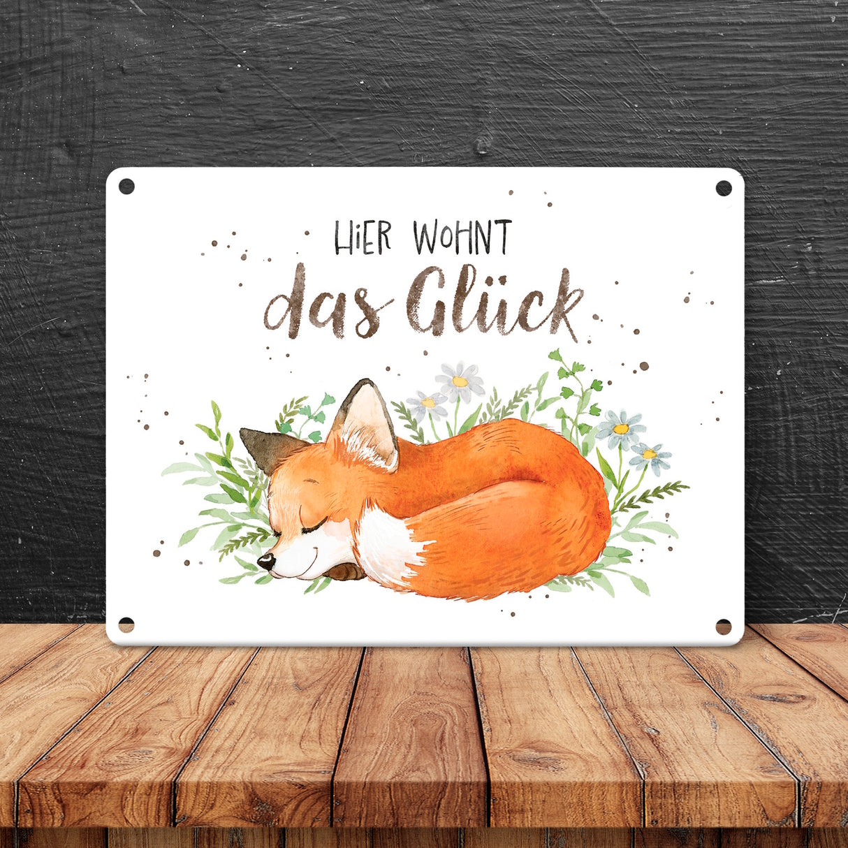 Fuchs Metallschild in 15x20 cm mit Spruch Hier wohnt das Glück