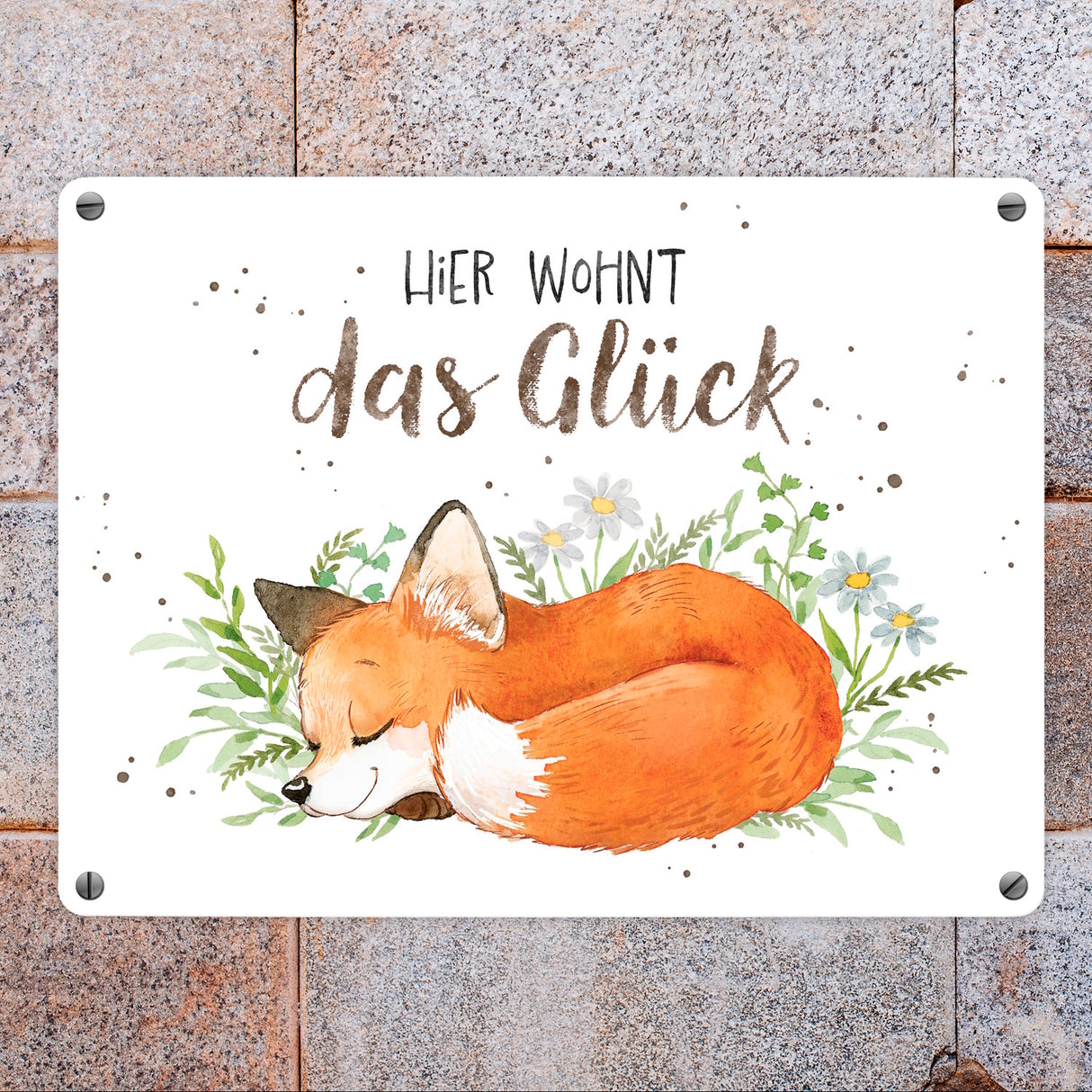 Fuchs Metallschild in 15x20 cm mit Spruch Hier wohnt das Glück