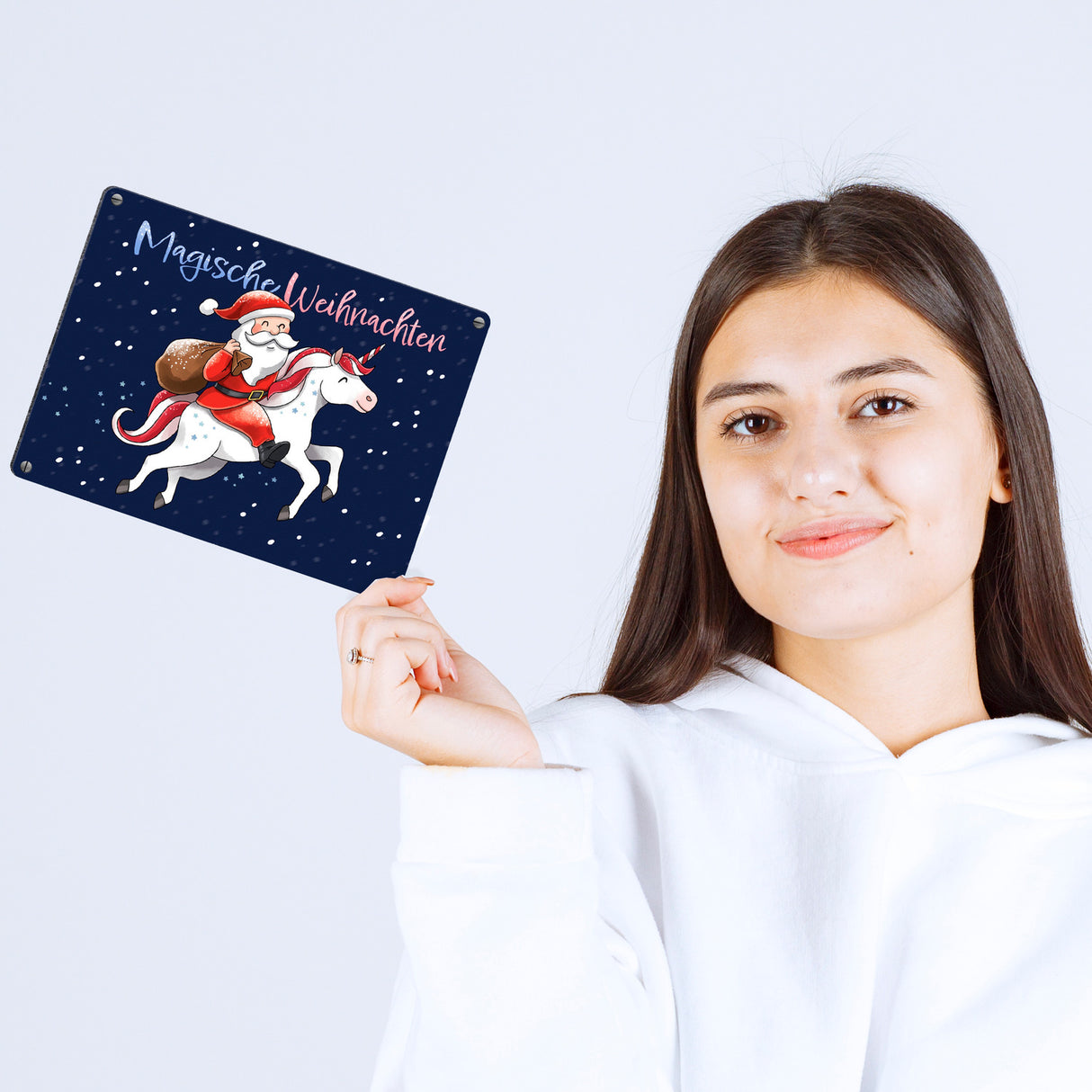 Weihnachtsmann auf Einhorn Metallschild in 15x20 cm mit Spruch Magische Weihnachten