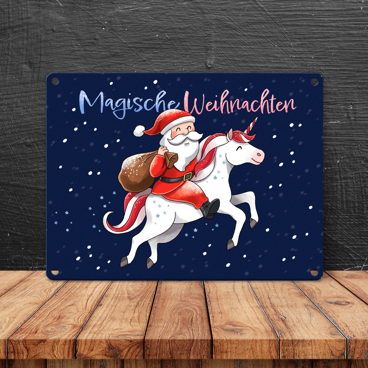 Weihnachtsmann auf Einhorn Metallschild in 15x20 cm mit Spruch Magische Weihnachten