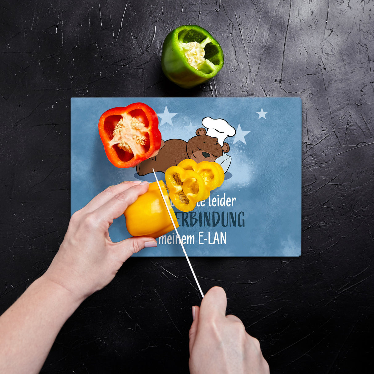 Kuschelbär Schneidebrett aus Glas mit Spruch Keine Verbindung zum E-Lan
