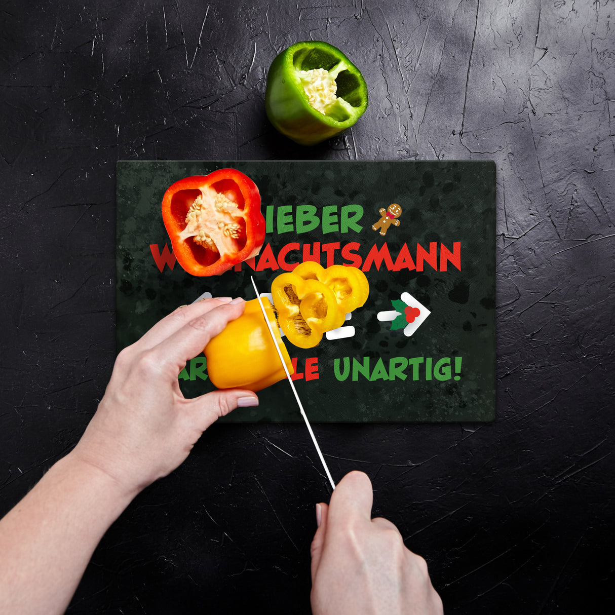 Lieber Weihnachtsmann Schneidebrett aus Glas mit Spruch die waren alle unartig