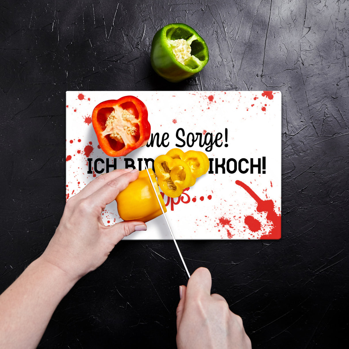 Keine Sorge Schneidebrett aus Glas mit Spruch Ich bin Profikoch Upps