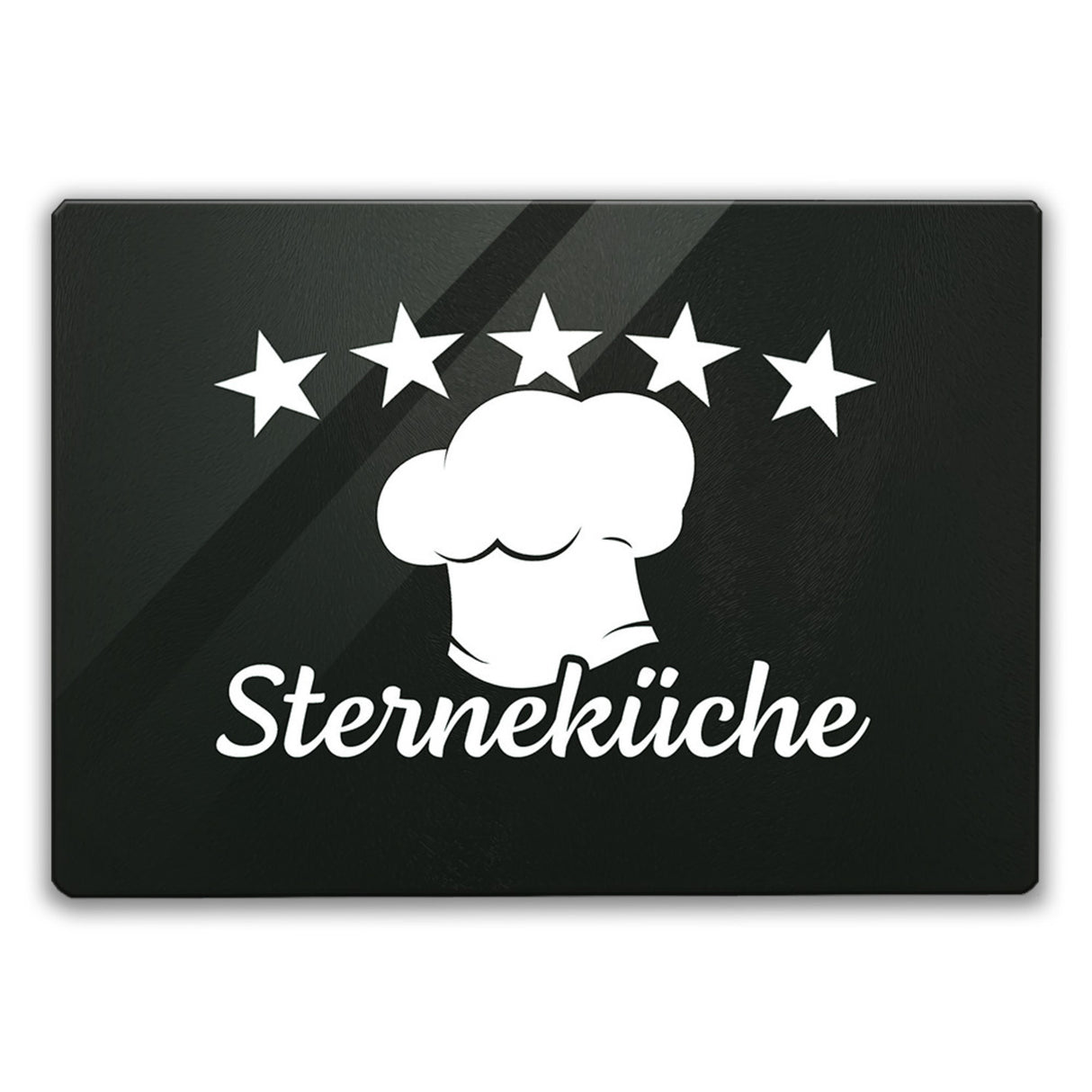 Sterneküche Schneidebrett aus Glas mit Kochmütze und Sternen