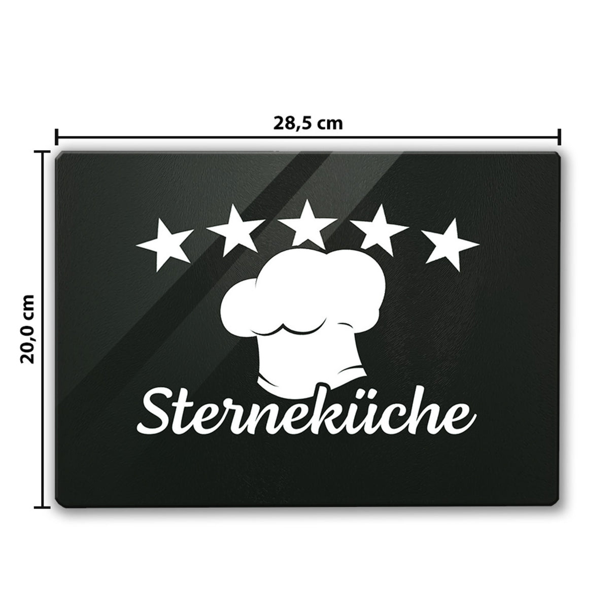 Sterneküche Schneidebrett aus Glas mit Kochmütze und Sternen