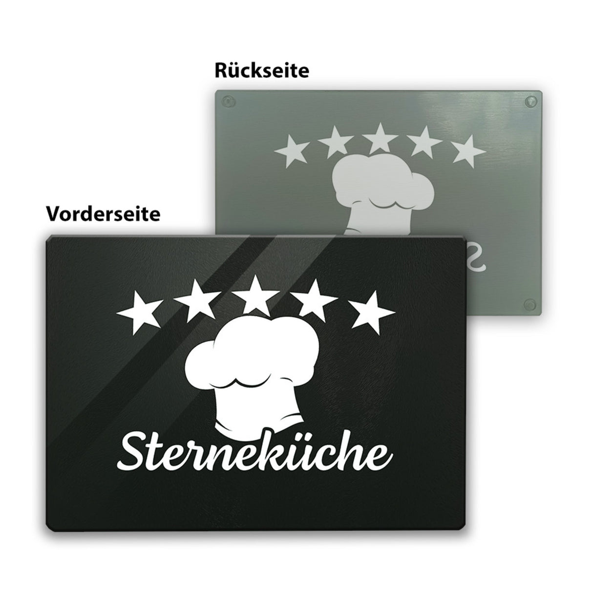 Sterneküche Schneidebrett aus Glas mit Kochmütze und Sternen