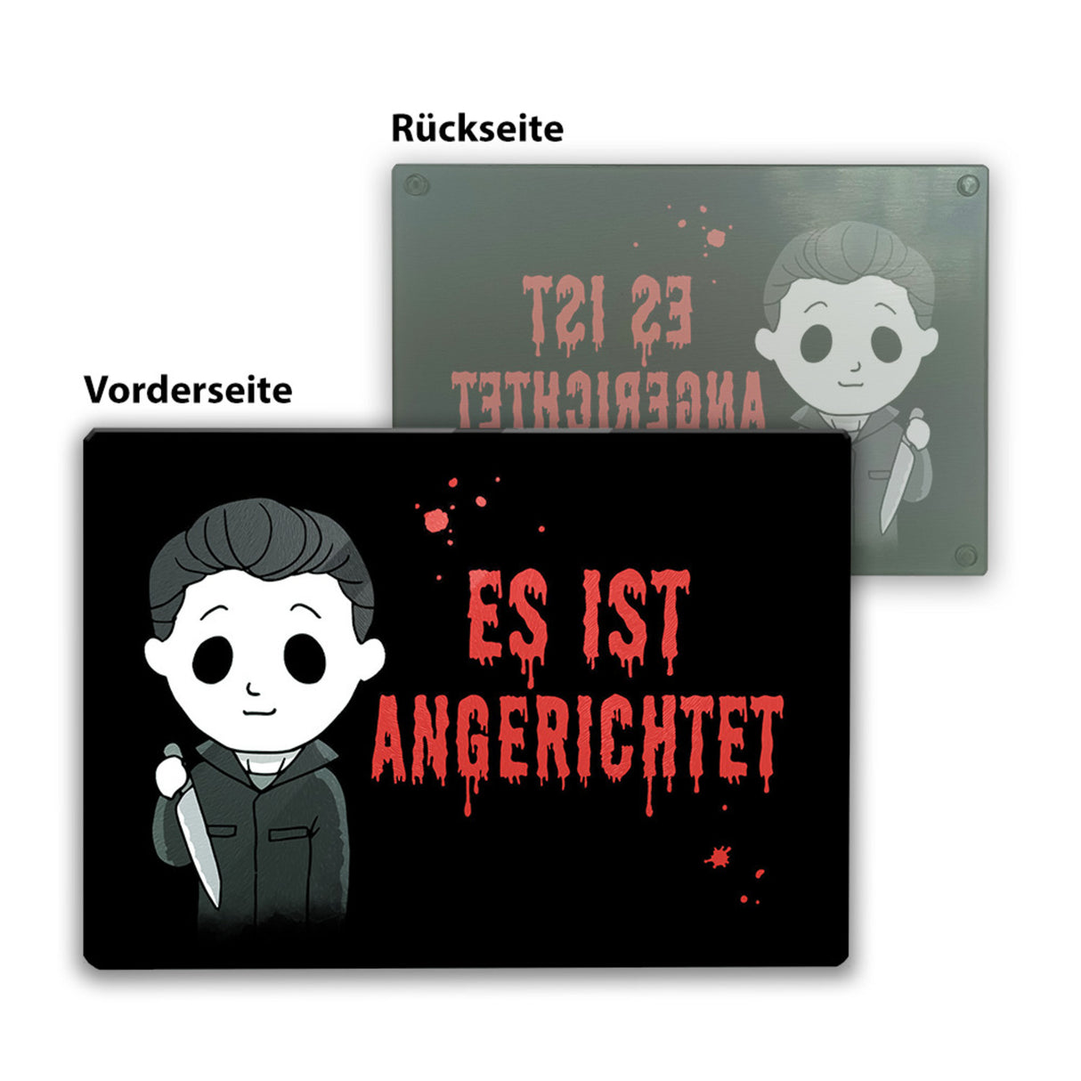 Serienkiller mit Messer Schneidebrett aus Glas mit Spruch Es ist angerichtet