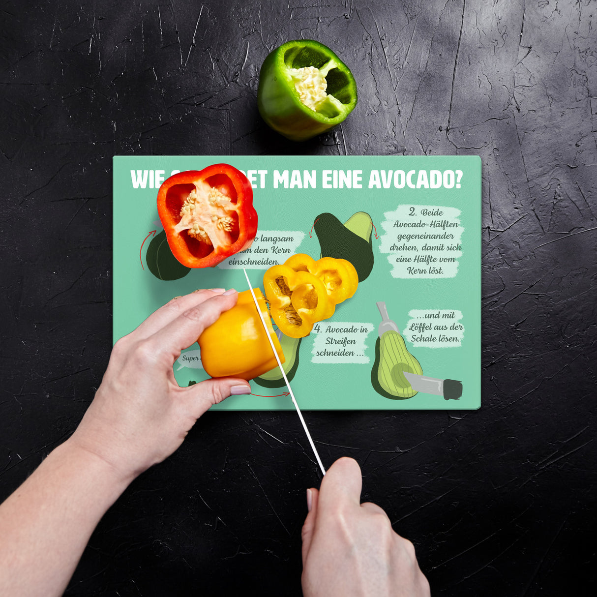 Wie schneidet man eine Avocado Schneidebrett aus Glas mit Anleitung