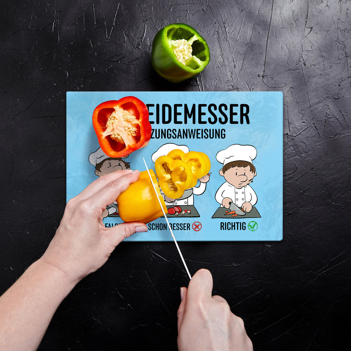 Benutzeranweisung Schneidebrett aus Glas mit humorvoller Illustration