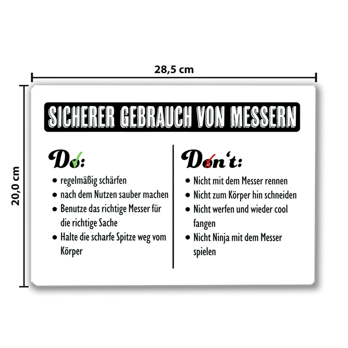 Messergebrauch Schneidebrett aus Glas mit Do's und Don'ts beim Benutzen von Messern