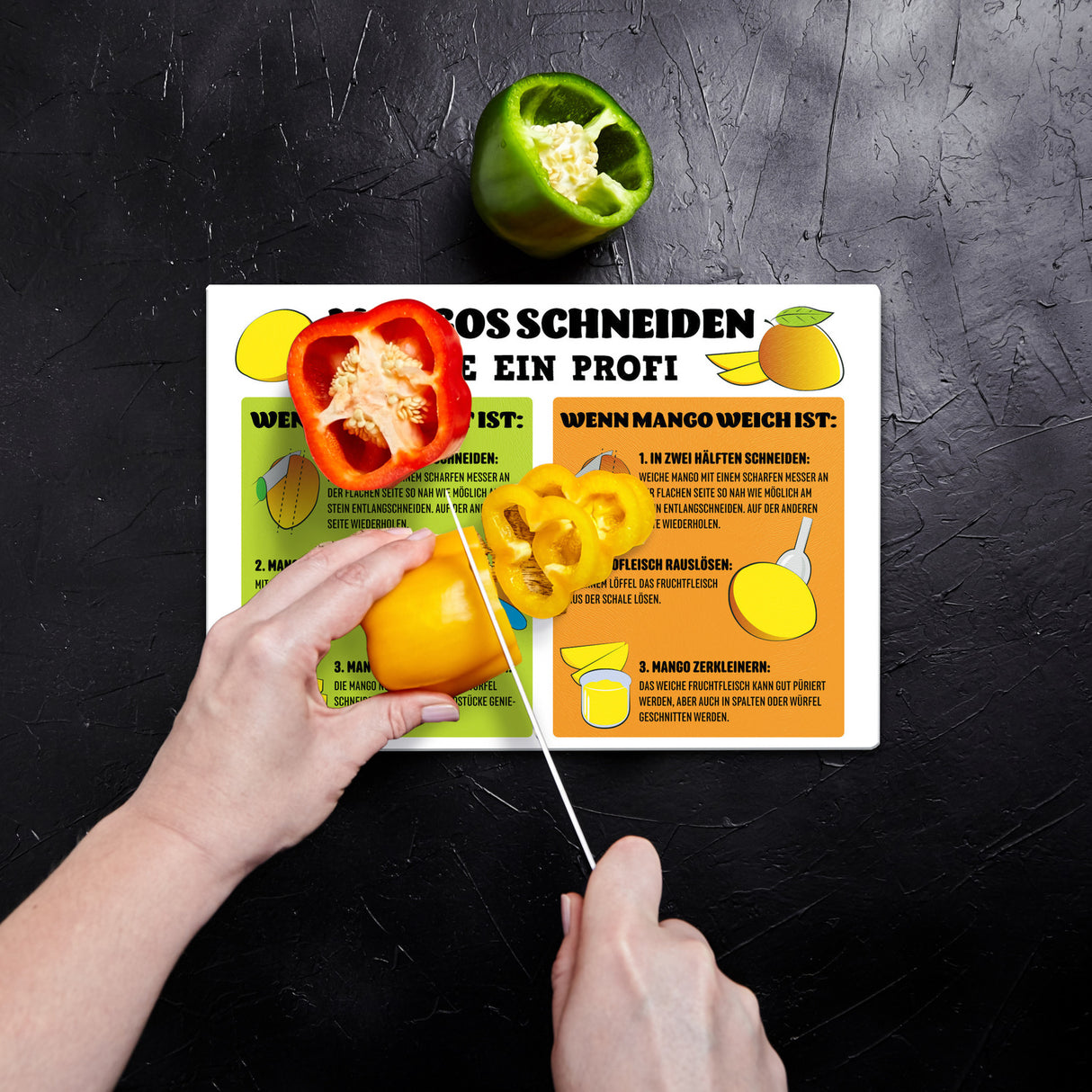 Mango Schneiden Zubereitung Schneidebrett aus Glas mit Anleitung
