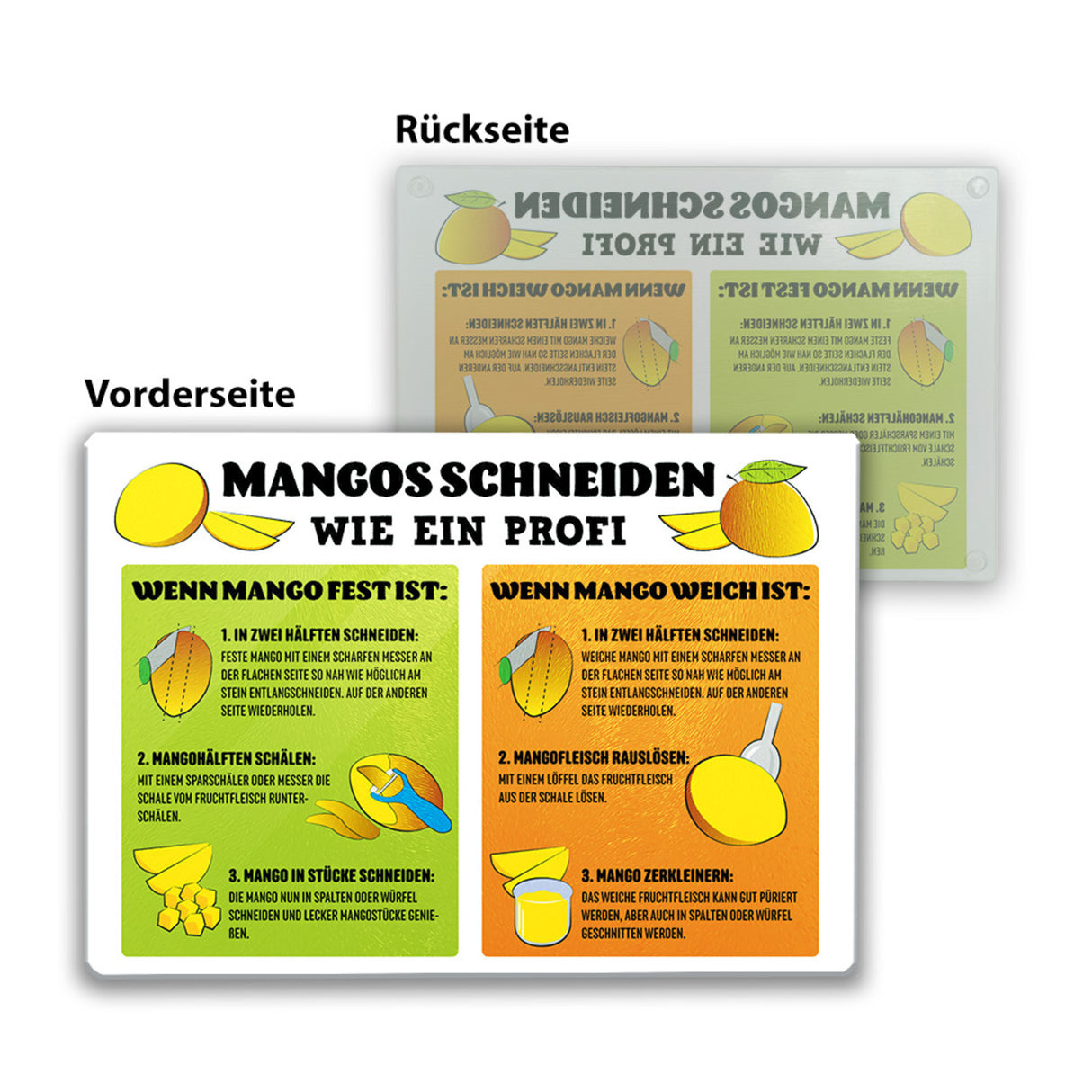 Mango Schneiden Zubereitung Schneidebrett aus Glas mit Anleitung