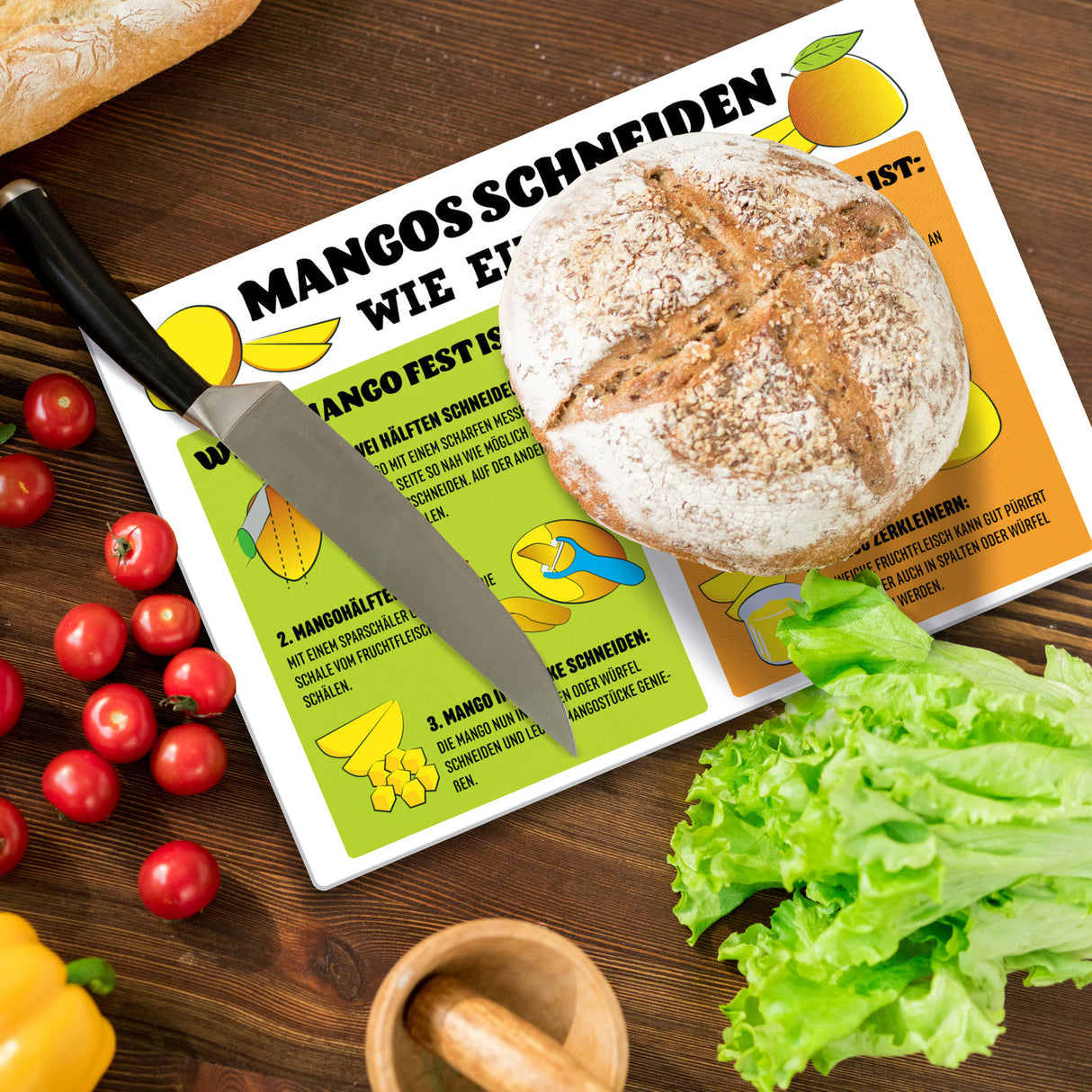 Mango Schneiden Zubereitung Schneidebrett aus Glas mit Anleitung