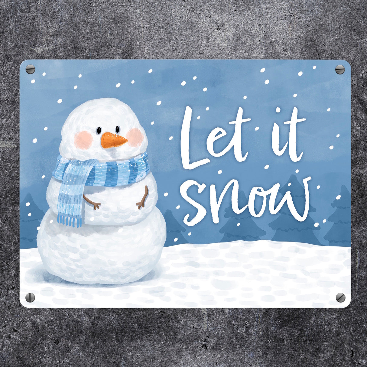 Schneemann im Winter Metallschild in 15x20 cm mit Spruch Let it snow