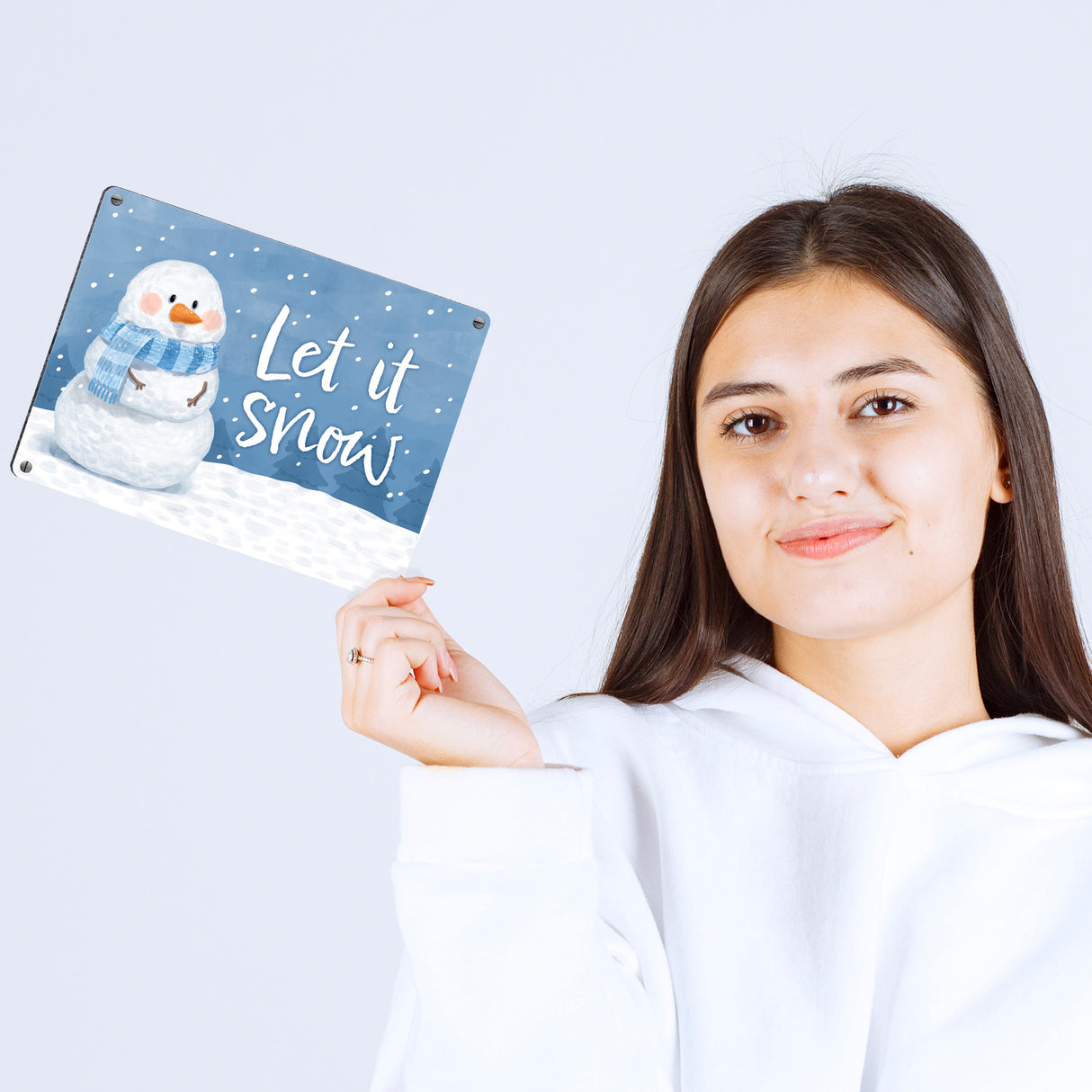 Schneemann im Winter Metallschild in 15x20 cm mit Spruch Let it snow