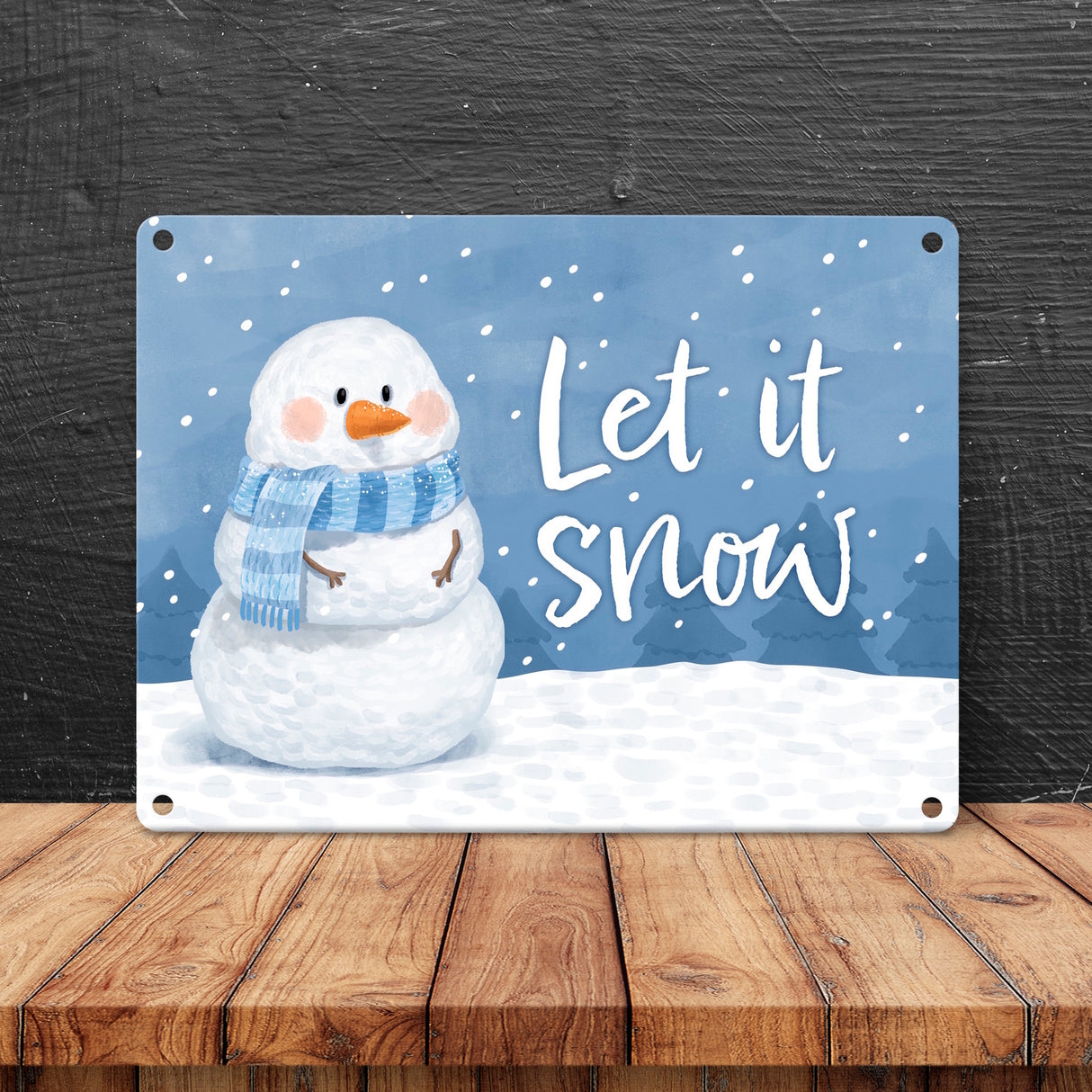 Schneemann im Winter Metallschild in 15x20 cm mit Spruch Let it snow
