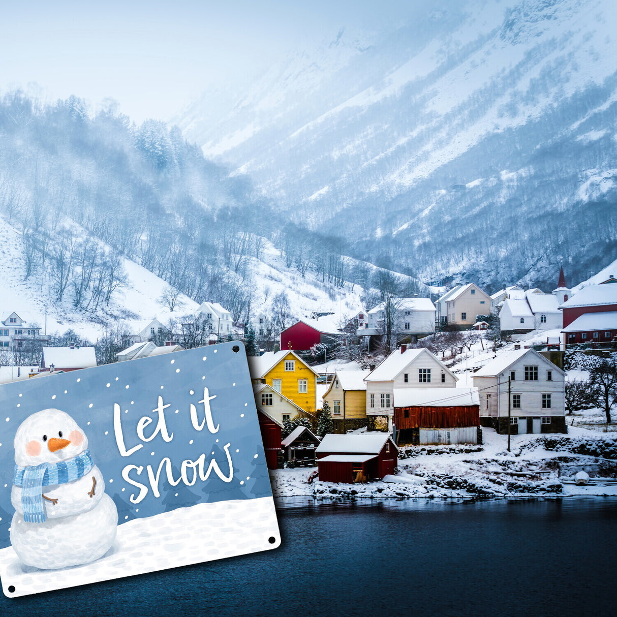 Schneemann im Winter Metallschild in 15x20 cm mit Spruch Let it snow