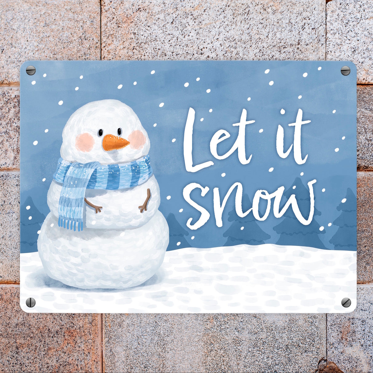 Schneemann im Winter Metallschild in 15x20 cm mit Spruch Let it snow
