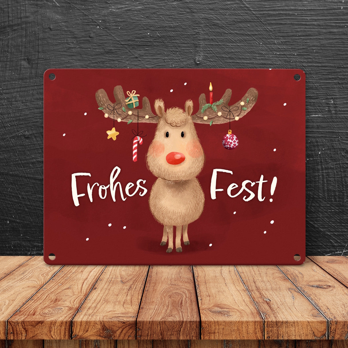 Rentier mit Weihnachtsschmuck Metallschild in 15x20 cm mit Spruch Frohes Fest
