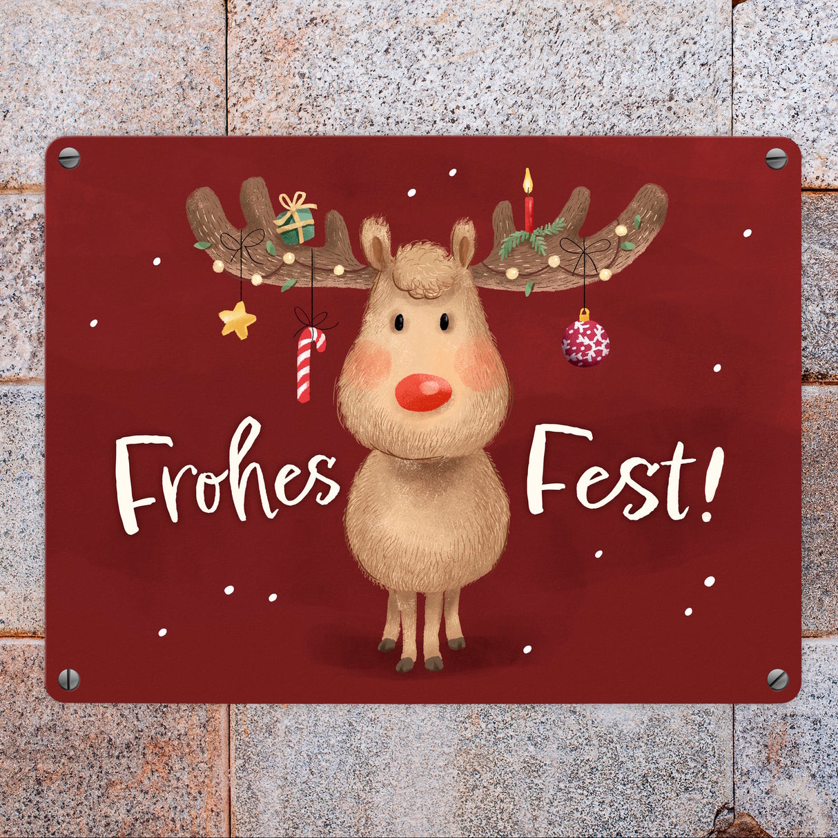 Rentier mit Weihnachtsschmuck Metallschild in 15x20 cm mit Spruch Frohes Fest