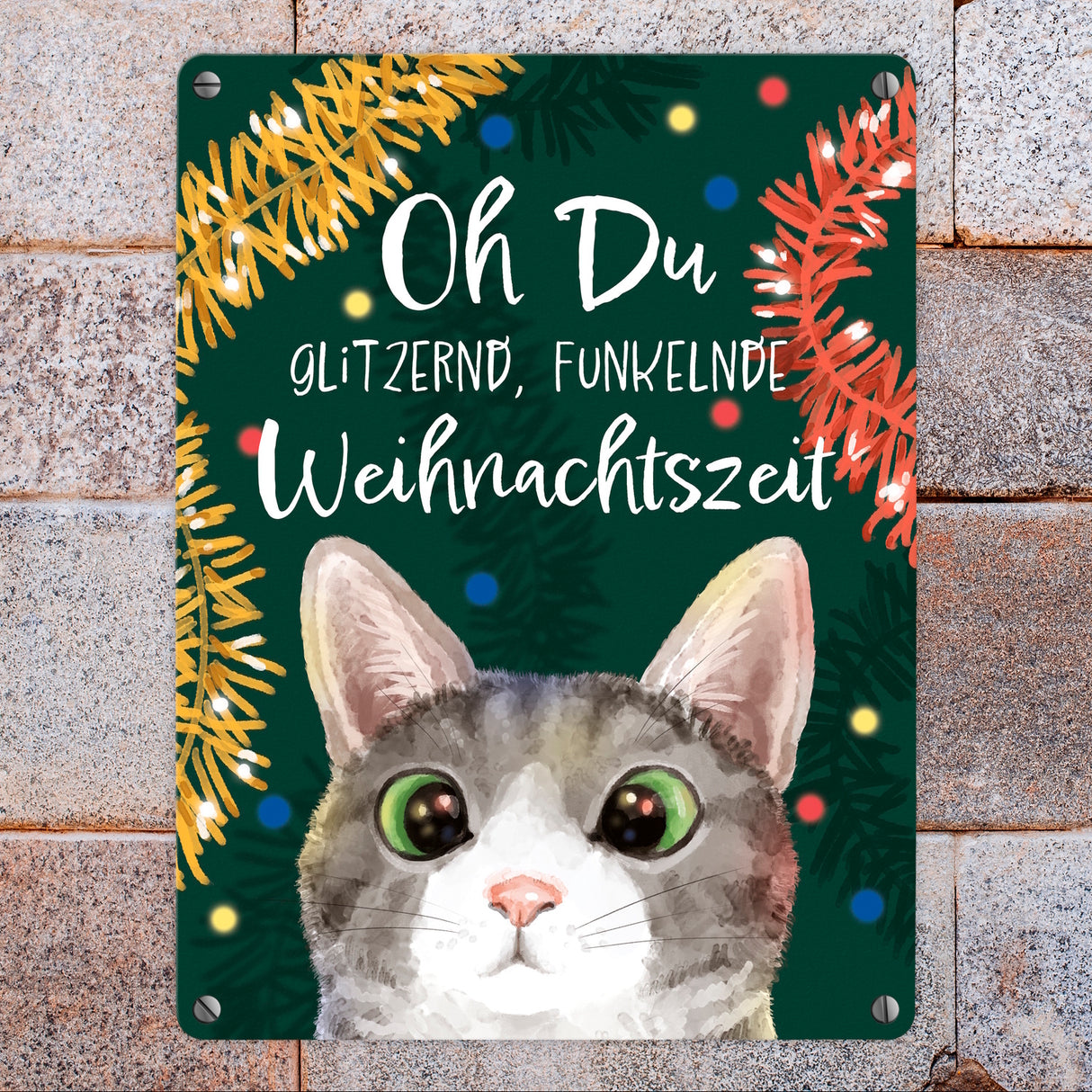 Oh Du glitzernd funkelnde Weihnachtszeit Katze Metallschild in 15x20 cm