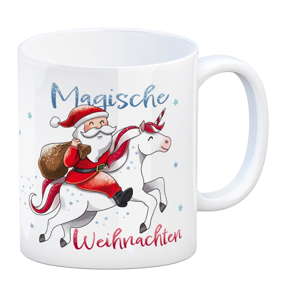 Weihnachtsmann auf Einhorn Kaffeebecher mit Spruch Magische Weihnachten