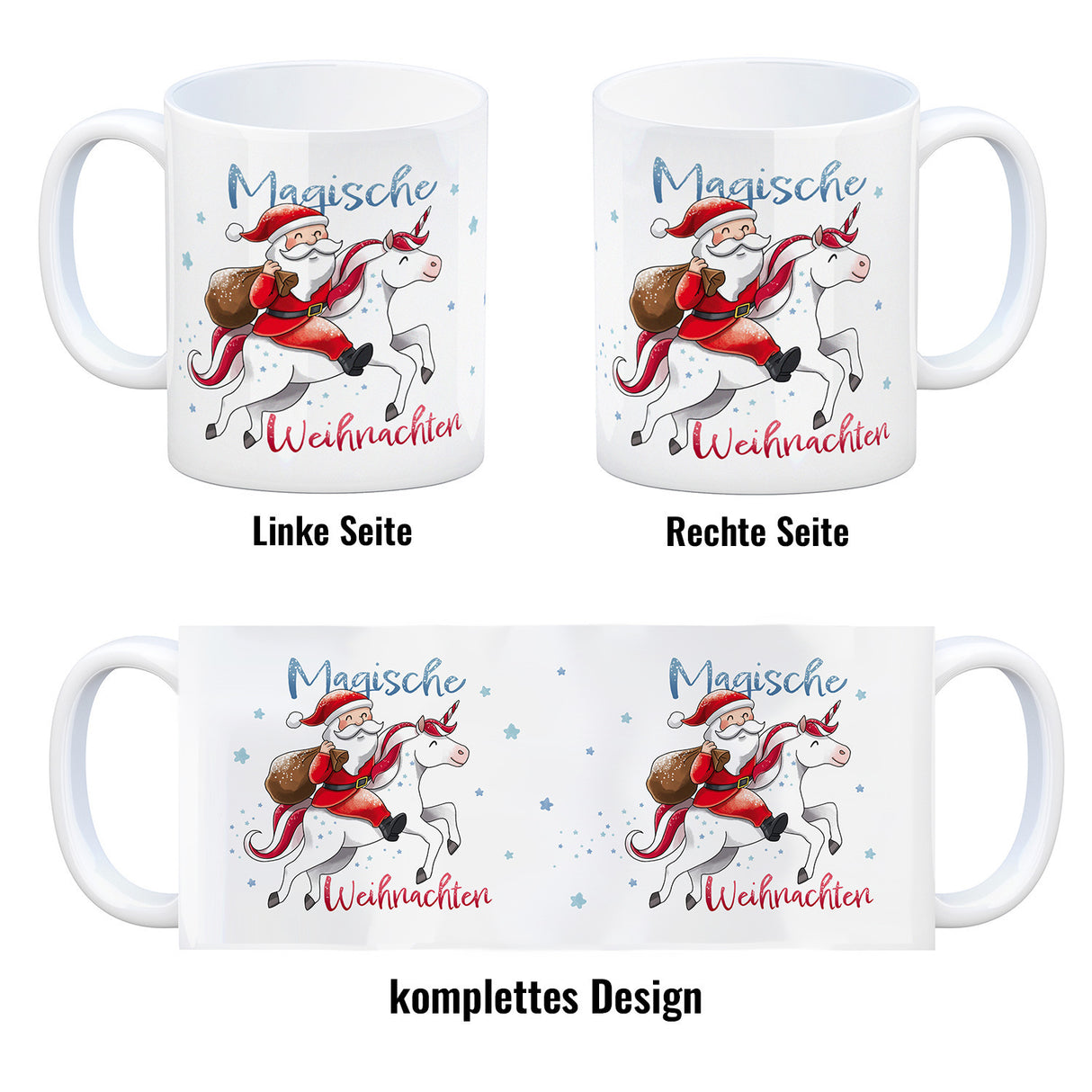 Weihnachtsmann auf Einhorn Kaffeebecher mit Spruch Magische Weihnachten