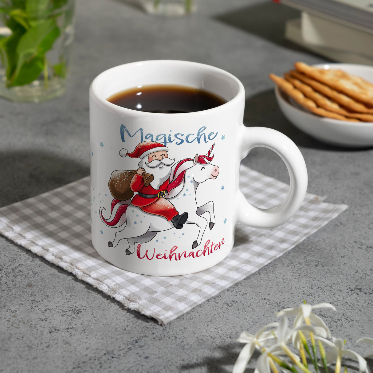 Weihnachtsmann auf Einhorn Kaffeebecher mit Spruch Magische Weihnachten